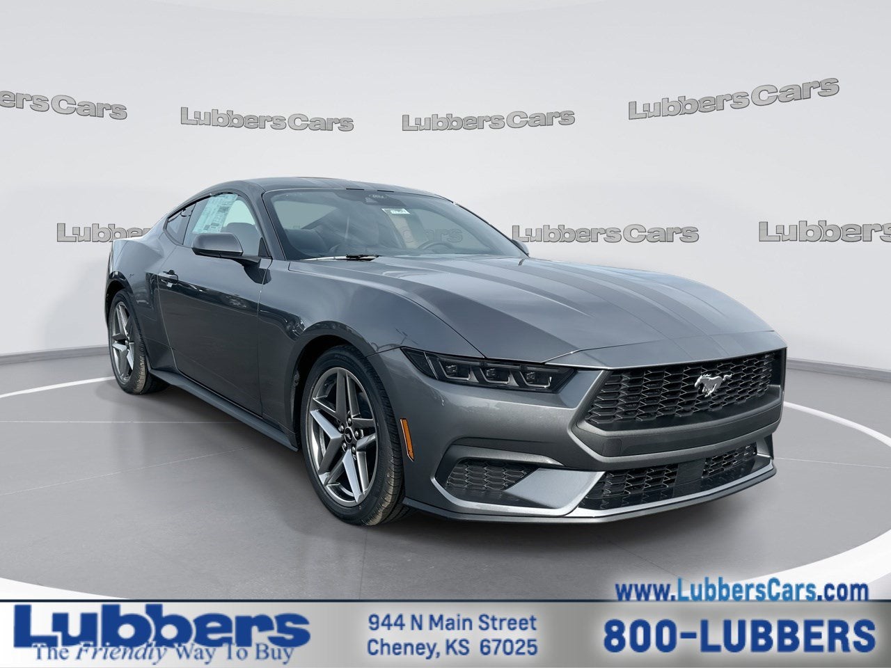 2026 Ford Mustang EcoBoost Fastback in Vapor Blue Metallic — front three-quarter view
